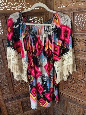 2B Together brand Multicolor Aztec Boho Tunic with Cream Fringe